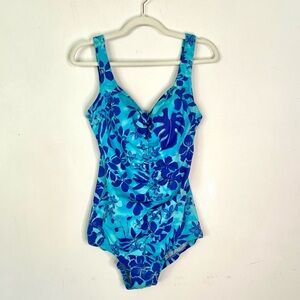 MAXINE OF HOLLYWOOD Tropical Blue One-Piece Swimsuit Ruched Tummy Control SZ 14